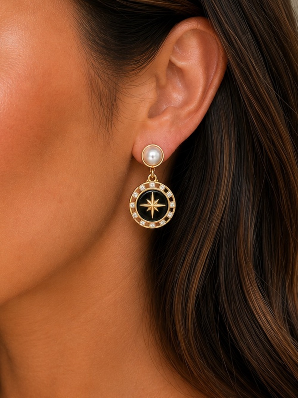 J. Crew Gold Star Black Drop Earrings with Pearl Studs Earrings